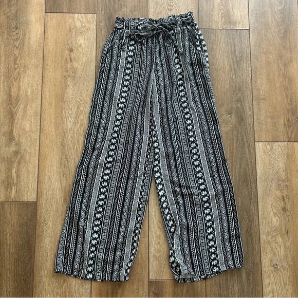 Wide Leg Boho Casual Rayon High Rise Comfy Black Elephant Patterned Pants XS - Picture 1 of 9